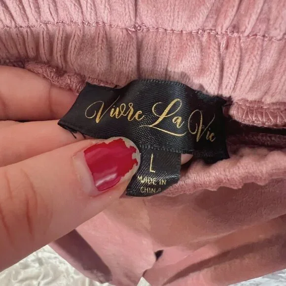 NWT Vivre La Vie Velour Tracksuit Sweatshirt Sweatpants Blush Dusty Rose Size L - Picture 8 of 9
